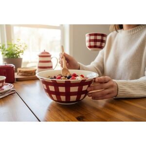 Maxcera Ceramic Serving Bowl Home Red White Gingham Check Brand New Farmhouse 9"